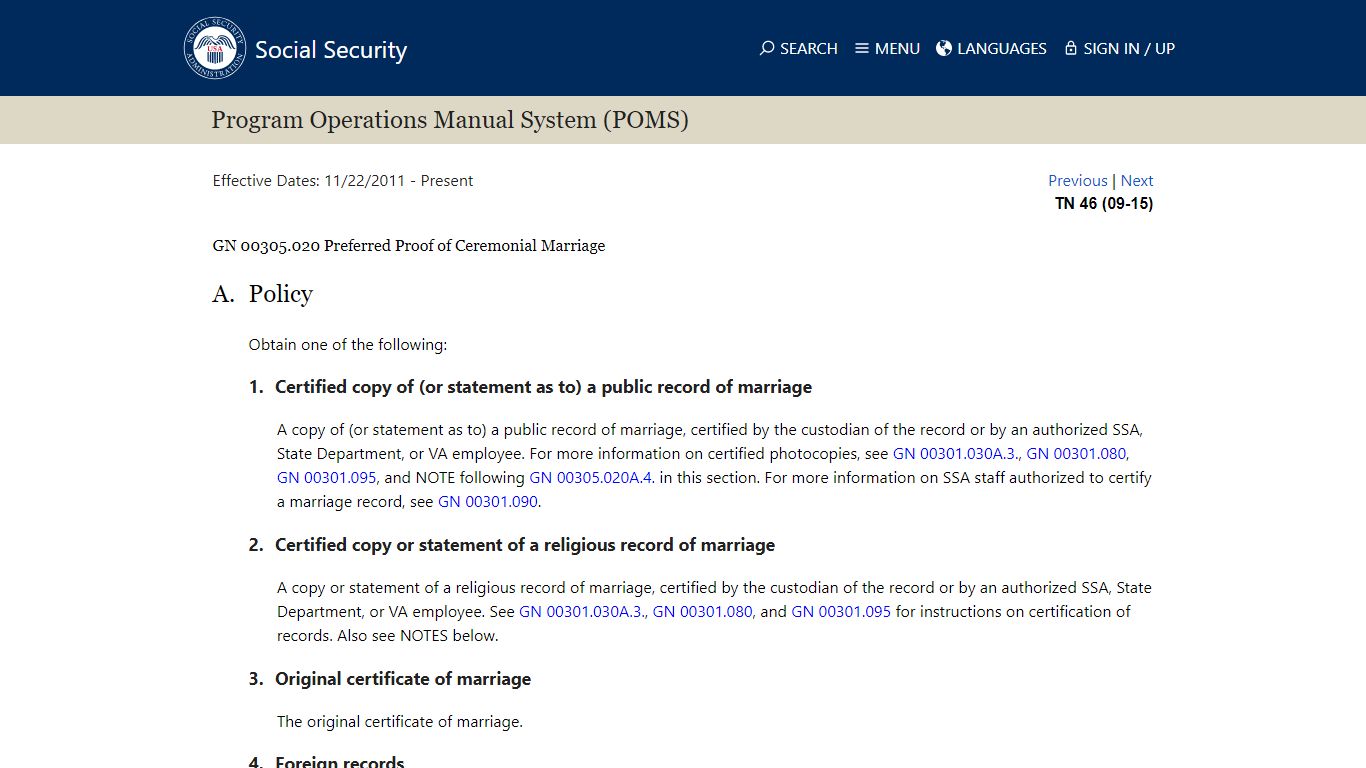 Preferred Proof of Ceremonial Marriage - Social Security Administration